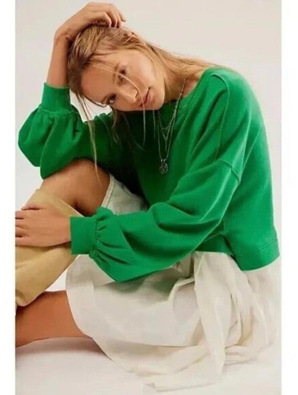 Free People Green Mixed Media Babydoll Sweatshirt Dress Size Small